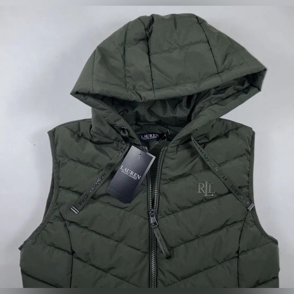 NWT $150 RALPH LAUREN Size L Women's Olive RLL Logo Stretch PUFFER Hooded Vest - Picture 4 of 4